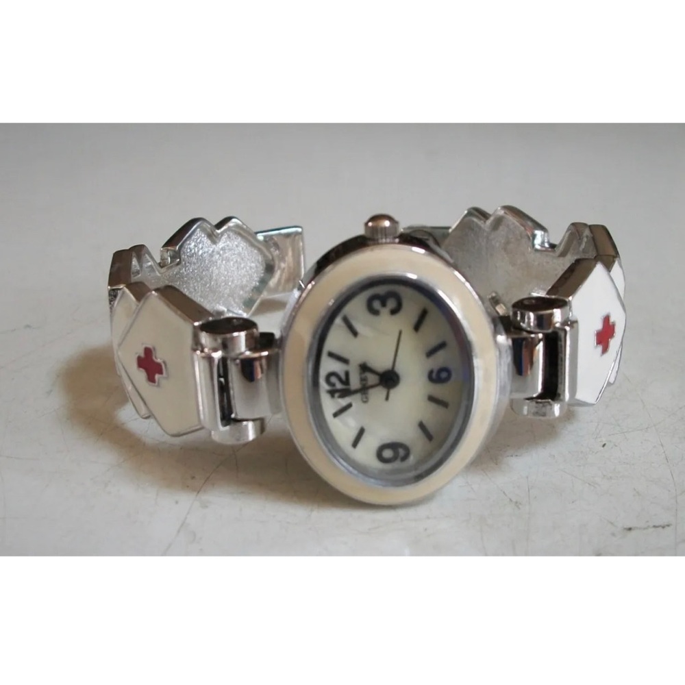 SILVER FINISH RED CROSS FOR NURSE WOMEN'S BANGLE CUFF  FASHION CASUAL WATCH